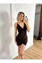 Women's Coffee Strap V-Neck Draped Gathered Asymmetrical Mini Evening Dress - 4