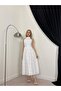 Women's White Halter Neck Floral Embroidered Flared Midi Dress