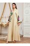Beige Floral Print Pearls Embellished Maxi Jalabiya - 4