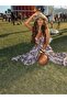 Women's Snake Patterned Beaded Strap Low-Cut Slit Long Dress - 3