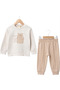 Baby Boy Seasonal 2-Piece Set Teddy Bear Patterned Single Pocket Long Sleeve Cotton Comfortable Daily Set - Beige - 2