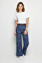 Women's Belted Lycra Patterned High Waist Wide Leg Denim Textured Navy Blue Trousers - 3