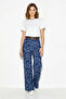 Women's Belted Lycra Patterned High Waist Wide Leg Denim Textured Navy Blue Trousers - 4