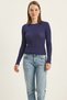 Women's Crew Neck Ribbed Body-Hugging Sequin Detailed Gilded Knitwear Cobalt Blue Blouse - 6