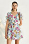 Women's Floral Patterned Mini Pink Dress with Bow Detail - 5