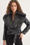 Women's Fur Collar Belted Lined Faux Leather Black Jacket - 7
