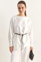 Women's Asymmetrical Cut Belt Detailed Satin White Blouse
