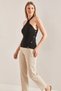 Women's Halter Neck Buttoned Knitwear Black Blouse - 6