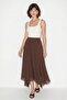 Women's Elastic Waist, Crush Effect, Lined, Flounce, Long Brown Skirt - 3
