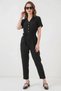 Women's Shirt Collar Belted Short Sleeve Black Jumpsuit - 4