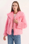 Women's Wide Collar Lined Short Faux Fur Candy Pink Jacket - 4