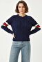 Women's V-Neck Patterned Knitwear Navy Blue Sweater - 5