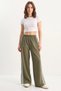Women's Striped Elastic Waist Seasonal Palazzo Khaki Trousers with Pocket Detail