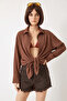 Women's Off-Shoulder Oversize Basic Wrinkled Brown Shirt - 5