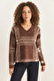 Women's Plaid Patterned Shawl Collar V-Neck Knitwear Dark Cinnamon Cream Sweater - 3