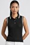 Women's Polo Neck Ribbed Athlete Black Zero Sleeve Blouse