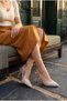 Women's Beige Leather Pointed Toe Metal Heeled Shoes with Gold Accessories - 6