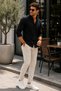 Men's Black Linen Shirt 50% Linen 50% Cotton Relaxed Fit Pocketless Sports Shirt - 3