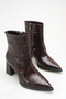 Women's Black Patent Leather Crocodile Boots Pointed Toe Thick Heeled Zippered Stylish Ankle Boots
