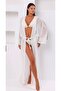 Ecru White Belted Long Chiffon Beach Kimono and Pareo - 3