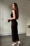 Waist Detailed Glittery Sleeveless Midi Floral Embroidered Brown Dress - 5