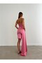Pink strapless side slit ruched satin midi/maxi dress 582614 - 3