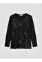 Black Crew Neck Patterned Women's T-Shirt - 5