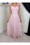 Women's Pink Maxi Dress with Strap Tie, Square Neck, Embroidered A-Line - 5