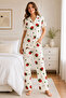Ecru Strawberry Patterned Short Sleeve Shirt Collar Milan Fabric Women's Pajama Set - 3