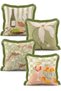 Green Striped and Checkered Cocktail Wine and Floral Patterned 4-Piece Fringed Throw Pillow Cover Set