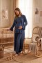 Navy Blue Double-Breasted Ruffled Design Cotton Maternity Nightgown-Dressing Gown, Pajama Set, Set of 4 - 6