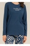Women'S, Navy Blue, Patterned, Long Sleeve Pajama Set (with Socks as a Gift) - 3