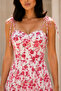 Women's Red Floral Patterned Long Dress with Tie Straps and Slits - 3