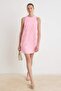 Açık Pembe Çiçek Dokulu Brode Kısa / Mini Dokuma Elbise TWOSS26EL00595