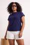 Navy Blue Regular Fit High Neck Accessory Detailed Crop Soft Touch Knitted Plus Size Blouse Tbbss26Af00285