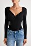 Siyah Vatkalı Drape Detaylı Fitted/Vücuda Oturan Esnek Çıtçıtlı Örme Body TWOAW22BD0156 - 3
