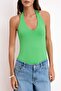 Green Bodycon Pool Collar Sleeveless Backless Snap Fastener Polyamide Knitted Bodysuit Twoss26Bd00011 - 3
