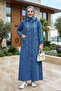 Women's Hooded Buttoned Pocket Denim Blue Cap
