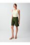 Khaki Linen Blend Straight Cut High Waist Woven Shorts - 2