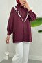 Button-Front, Lace-Front, Ruffled Striped Shirt - Burgundy - 3