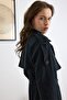 Unlined Long Trench Coat with Epaulet and Cape Detail Black 6808 - 5