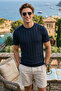 Men's Crew Neck Patterned Short Sleeve Summer Knitwear Navy Blue T-Shirt Classic Pattern - 5315