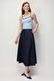 4913 Women's Elastic Waist Pleated Draped Midi Denim Skirt Navy Blue - 2