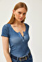 Women's Washed Indigo Camisole Blouse with Snap Fasteners BLZ-19000171 - 5