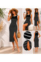 Women's Strappy Round Neck Striped Detail Slit Midi Knit Dress