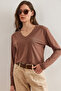 Women's Milk Coffee V-Neck Wool Viscose Flowy Blouse Blz- 19002729 - 4