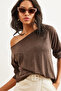 Women's Brown Boat Neck Wool Viscose Drapey Blouse BLZ-19002738 - 5