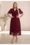 Women's Plus Size Short Sleeve Double-Breasted Collar Waist Brooch Detailed Chiffon Midi Evening Dress 26000 Claret Red - 4