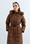 Hooded Belted Goose down Coat Brown - 2