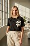 Women's 3-Row Tiny Hearts Flower Print Design Black White Beige Color Tshirt - 2